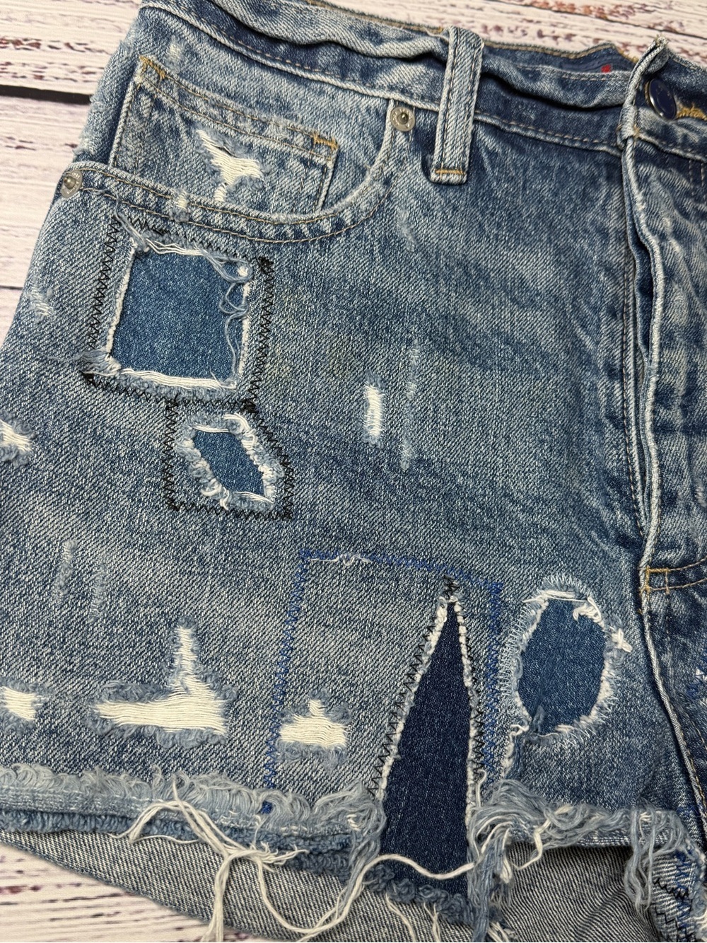 Lucky Brand Distressed Denim Shorts with Smiley Patch - Blue - Picture 7 of 8